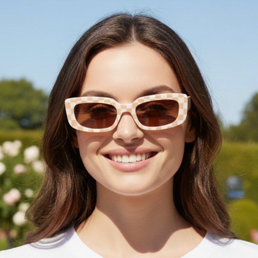 Indy Peach Cream Checkerboard Rectangular Sunglas… - image 1